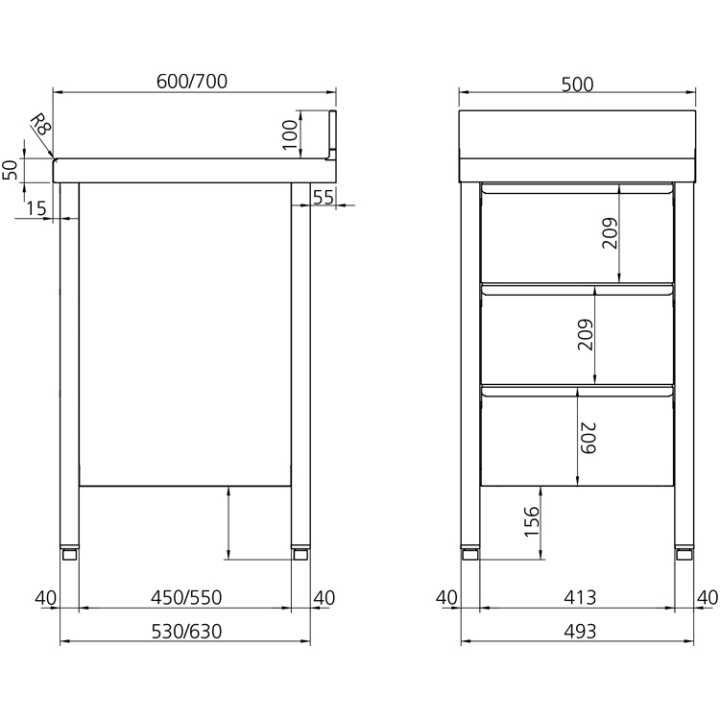 Mesa de Trabalho Mural Inox com 3 Gavetas 500x600x850mm