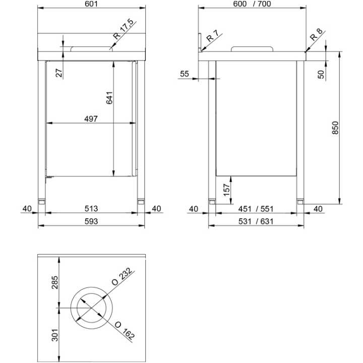 Mesa Mural Inox com Porta e Orifício para Balde 600x600x850mm