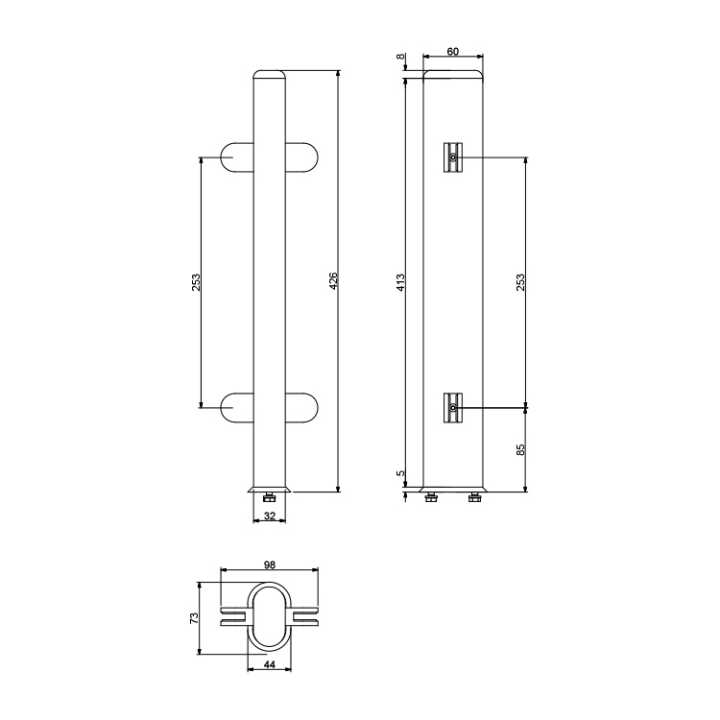 Suporte Central em Aço Inoxidável para Vidros de Proteção Frontal