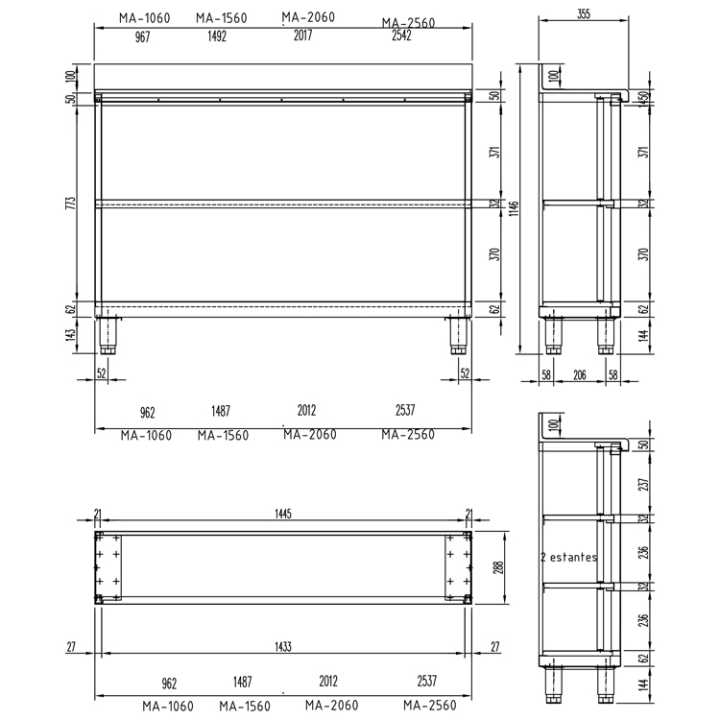 Estante Inox 2550x600x1045mm com 1 Prateleira