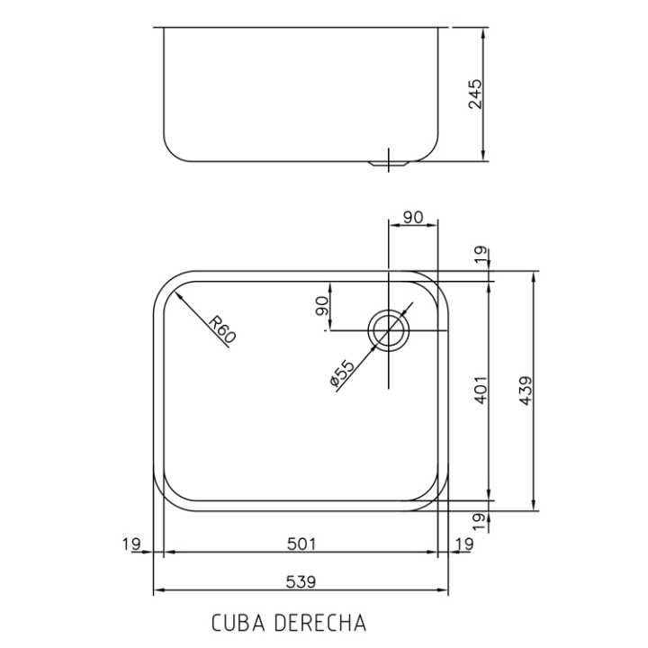 Bancada Inox c/ Lavatório e Escorredor 2000x600mm