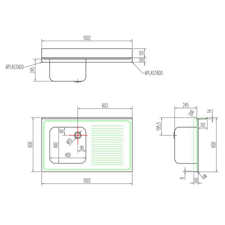 Bancada Inox com Lavatório e Escorredor à Direita 1000x600mm