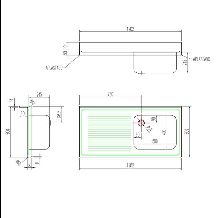 Bancada Inox com Lavatório e Escorredor Esquerdo 1200x600 mm