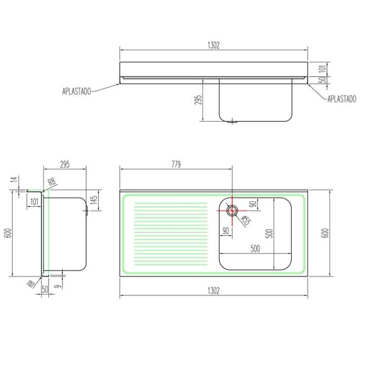 Bancada Inox com Lavatório e Escorredor Esquerdo 1300x600 mm