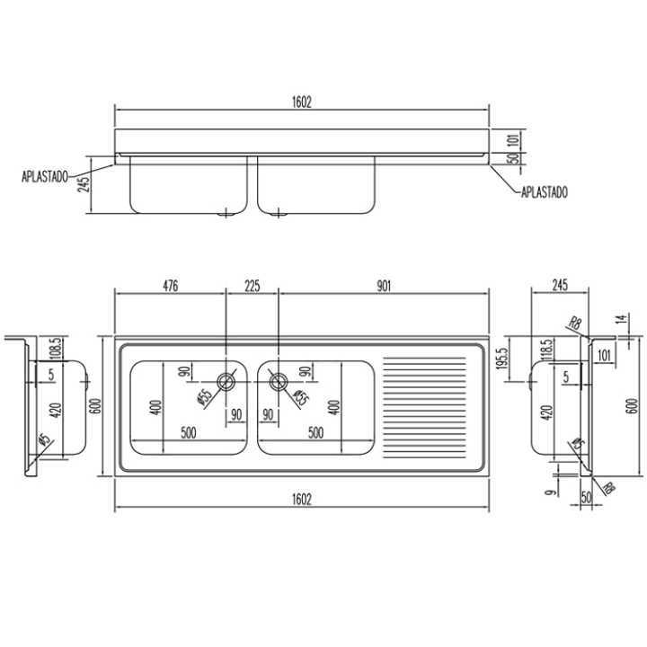 Bancada Inox com Lavatório e Escorredor à Direita 1600x600mm