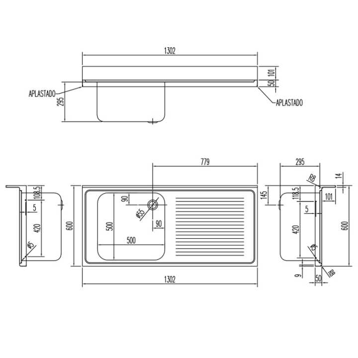 Bancada Inox com Lavatório e Escorredor à Direita 1300x600mm