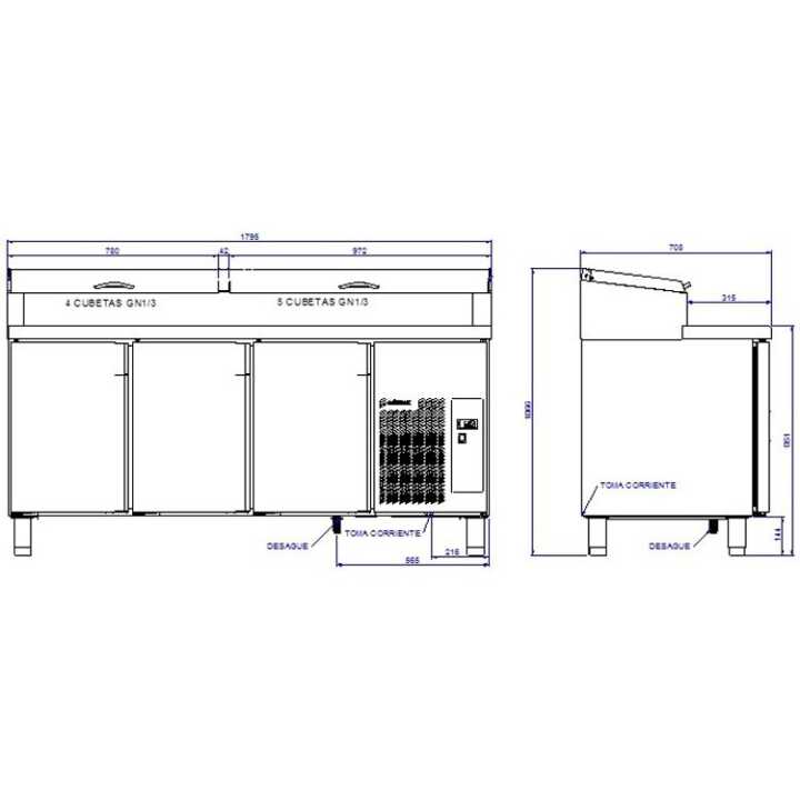 Mesa Refrigerada Saladete Pizzaria 180cm GN1/3