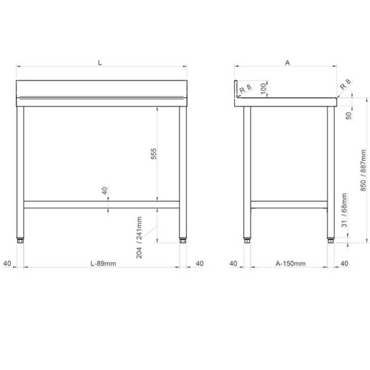 Mesa Inox Mural com Portas de Correr 1000x700x850mm