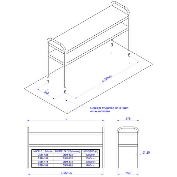 Estante de Preparação em Aço Inoxidável 1500x375x700mm