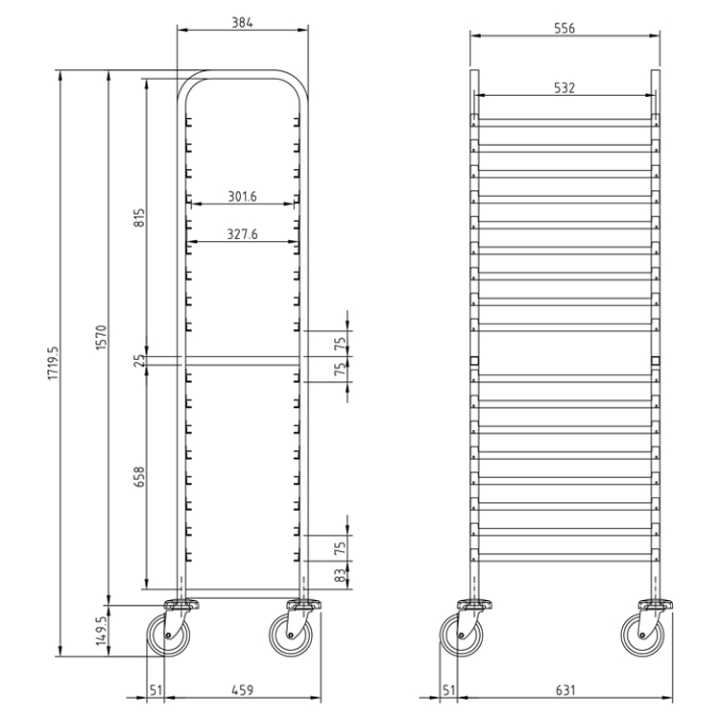 Carro Alto GN 1/1 com 17 Níveis — 460 x 630 x 1720 mm