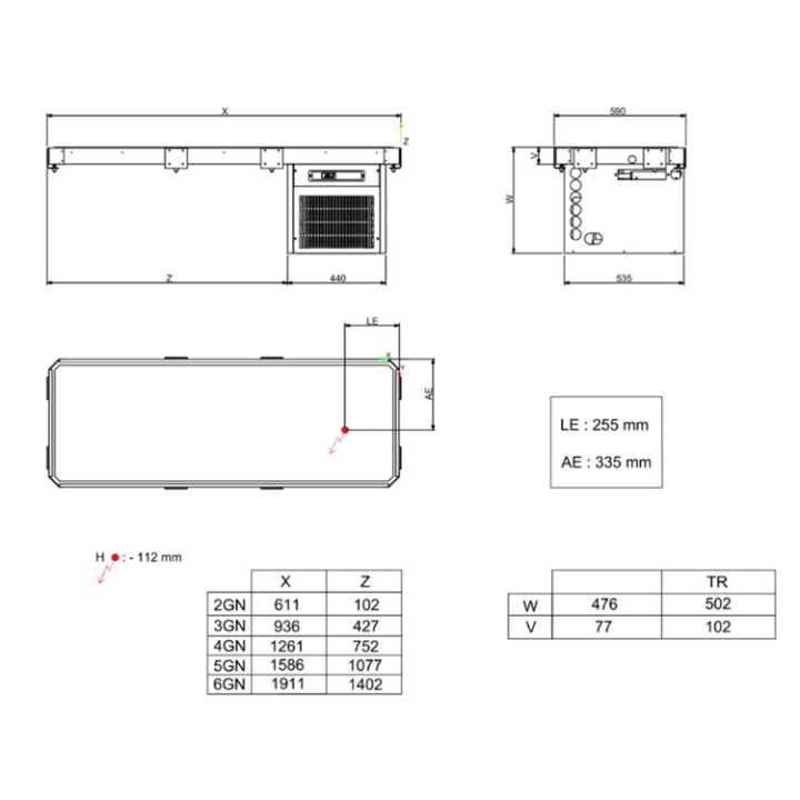 Placa Fria Encastrável 2xGN 1/1, Estática, 295W