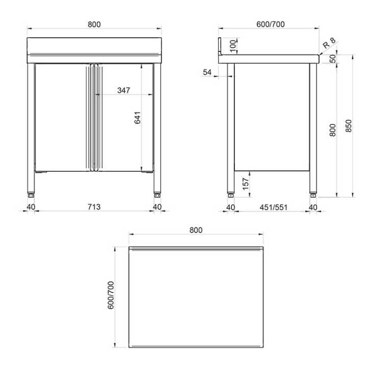 Mesa de Trabalho Mural Inox com Portas de Abrir 800x700 mm