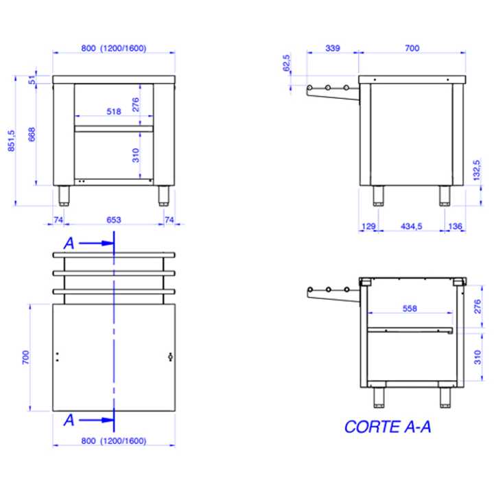 Bancada Neutra em Inox Linha 700, 1600x700x850mm