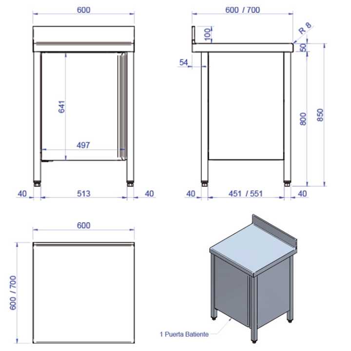 Mesa Mural Inox com Porta Articulada 600x700x850mm