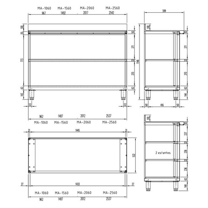 Estante de Aço Inoxidável com 2 Prateleiras - 1500x600x1045mm