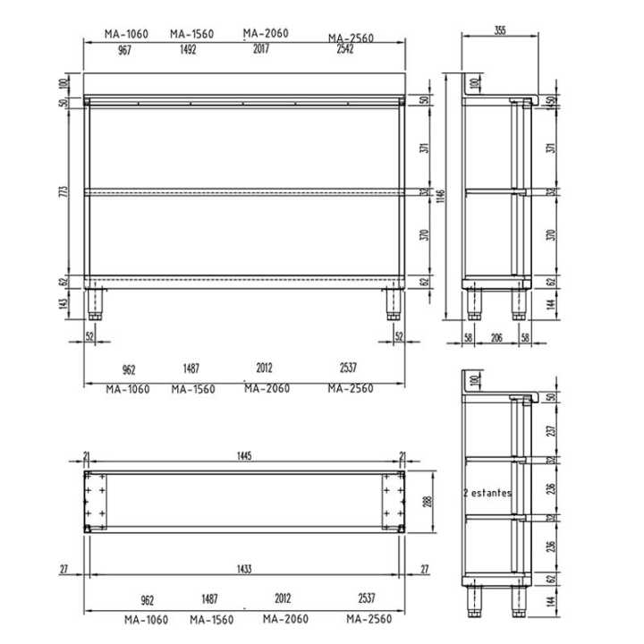 Estante Inox 2 Prateleiras, 1500x350x1045mm