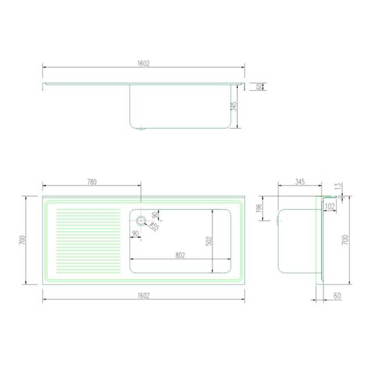 Bancada Inox Profissional de 1600x700mm com Lavatório e Escorredor