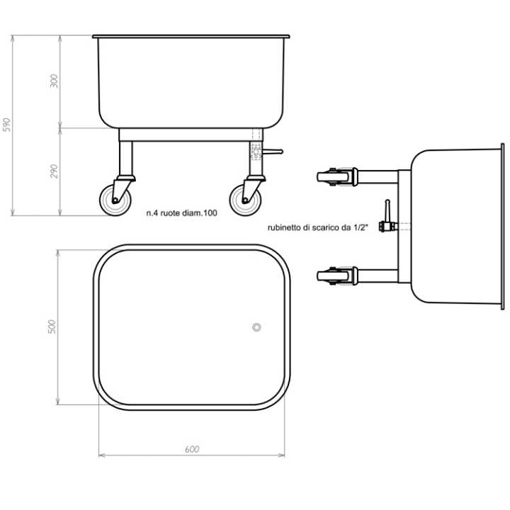 Cuba de Lavagem Inox com Rodas 80L - 600x500x600mm