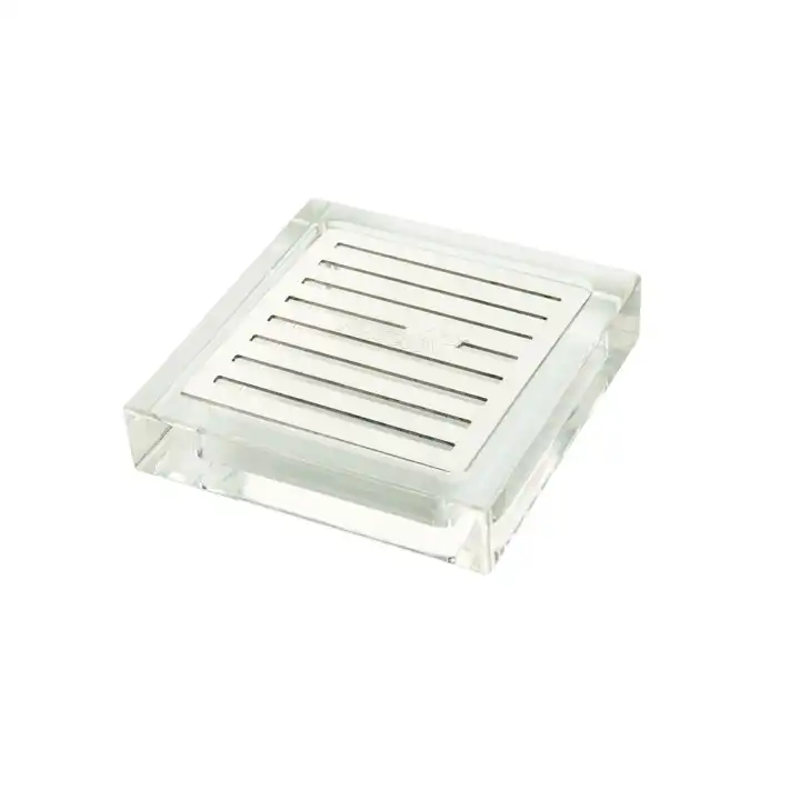 Bandeja Coletora Quadrada Acrílica c/ Inserto de Aço Inoxidável 63x10x2 cm