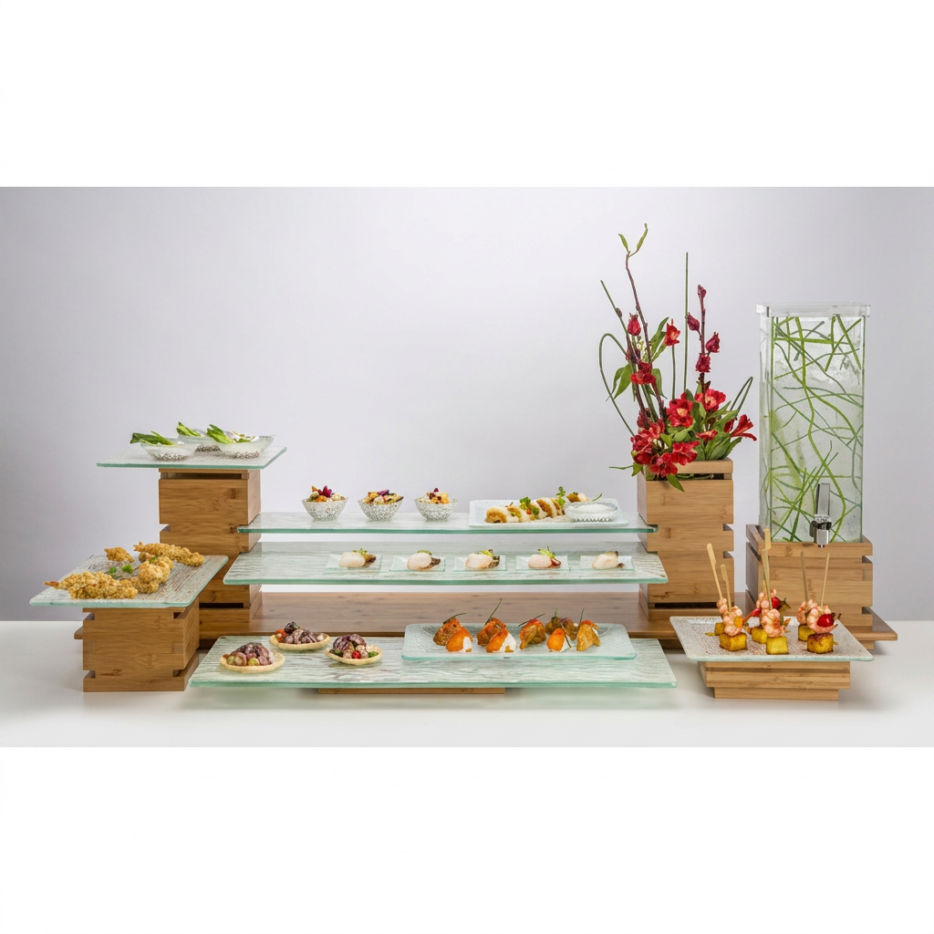 Elevador de Buffet Quadrado de Bambu Natural 30cm