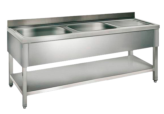 Lavadouro Industrial Inox 1400x600mm, 2 Pias Esquerda com Bancada