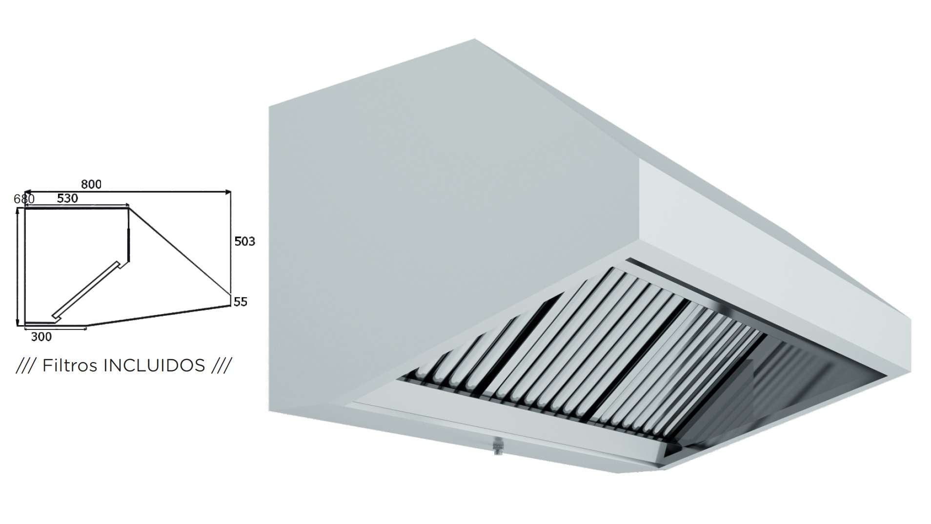 Hotte Mural Inox 2500x800x700mm sem Turbina