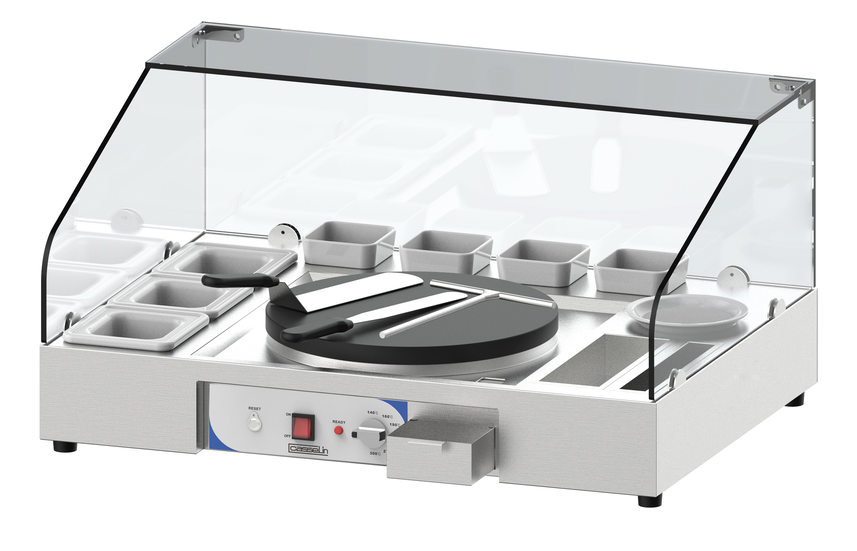 Bancada para Máquina de Crepes Elétrica Ø400mm com Vitrine para Toppings