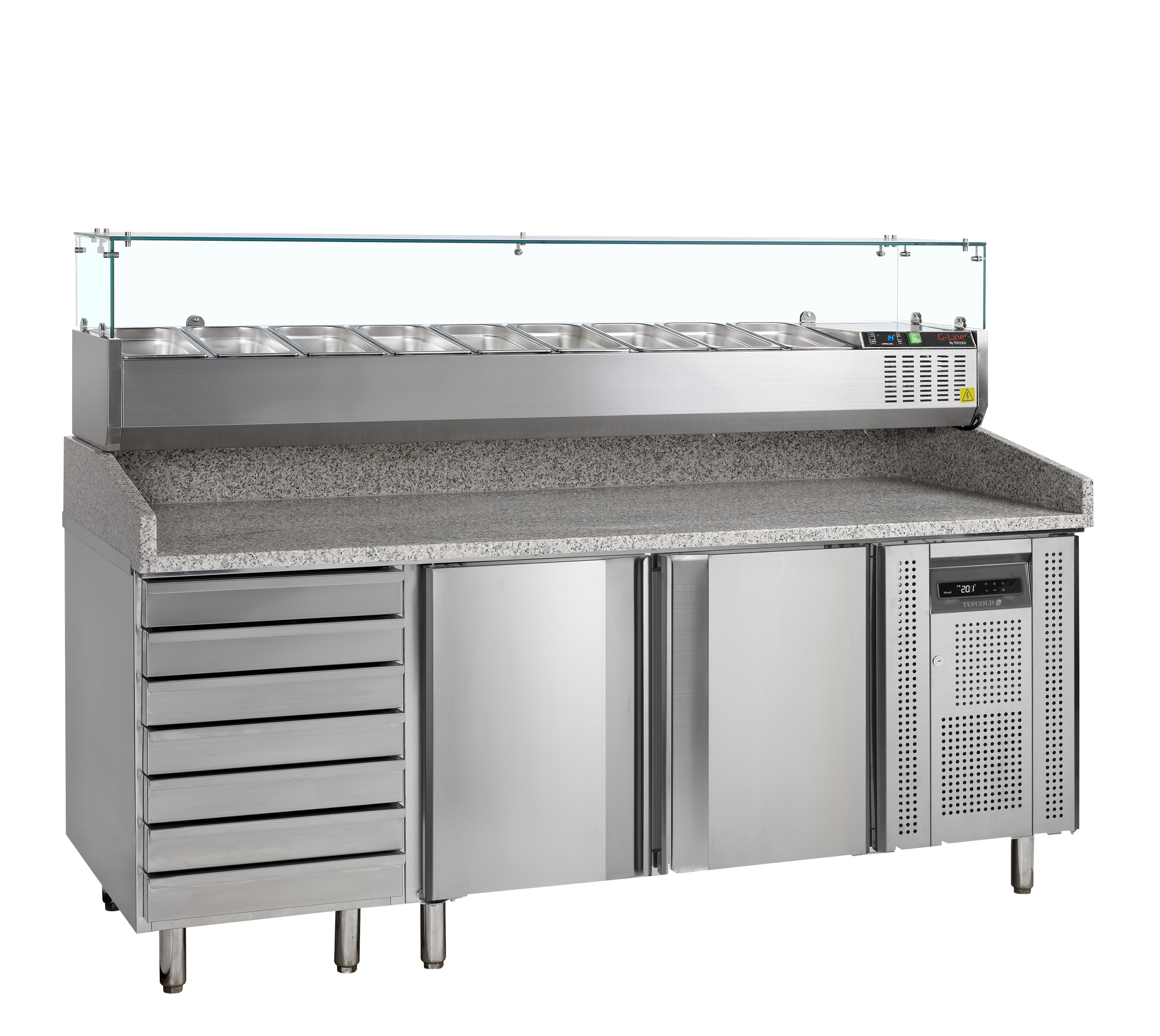 Bancada de Pizza Refrigerada 2045mm c/ Tampo Granito e Vitrine GN1/3