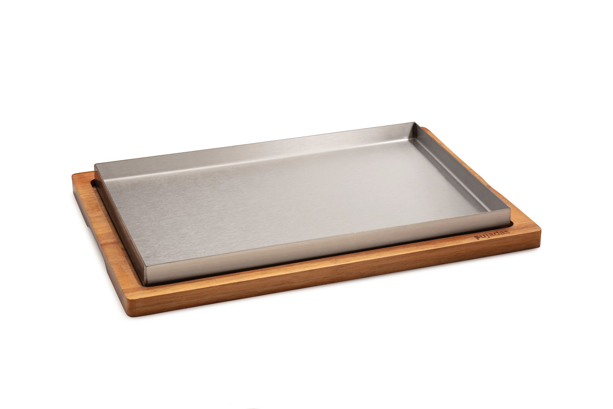 Bandeja Retangular Inox com Tabuleiro de Madeira 33x23 cm