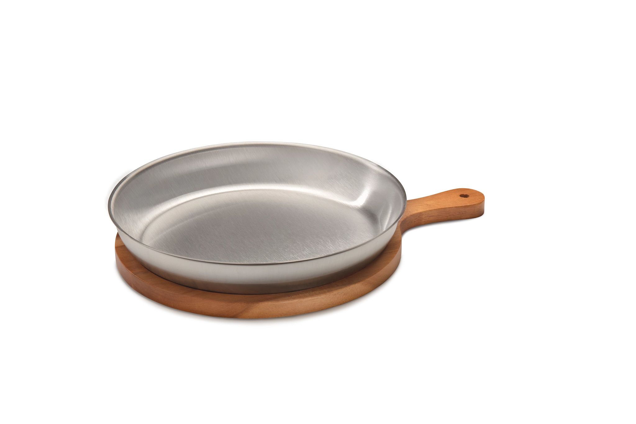 Llauna Redonda Aço Inox 26cm com Bandeja Madeira