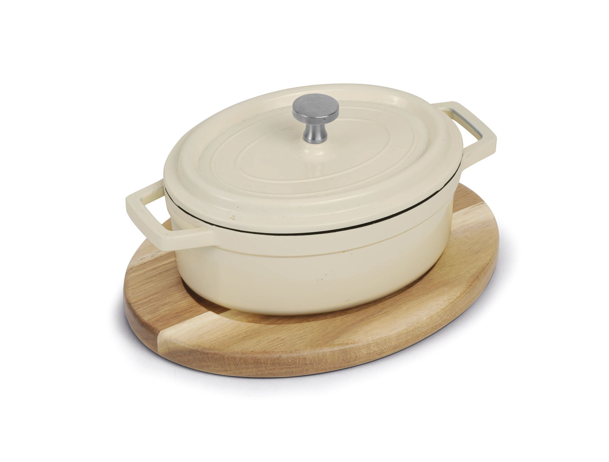 Mini Caçarola Oval Branca com Tampa e Base de Madeira 0.25L