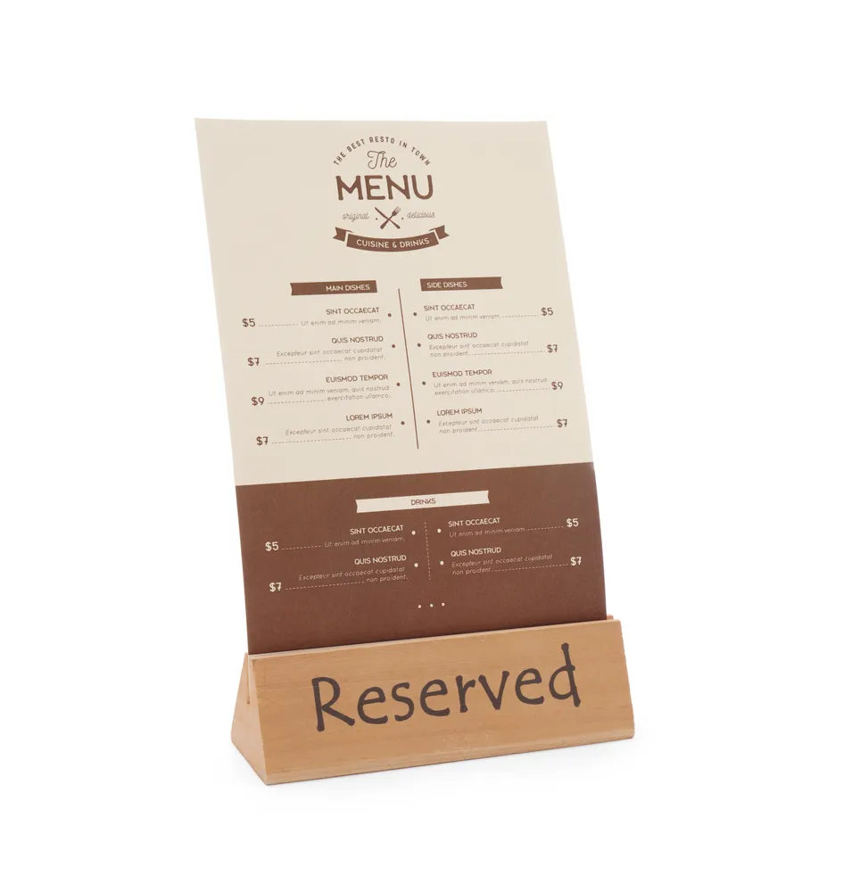 Sinal de Mesa Reservada em Madeira com Ranhura para Ementa