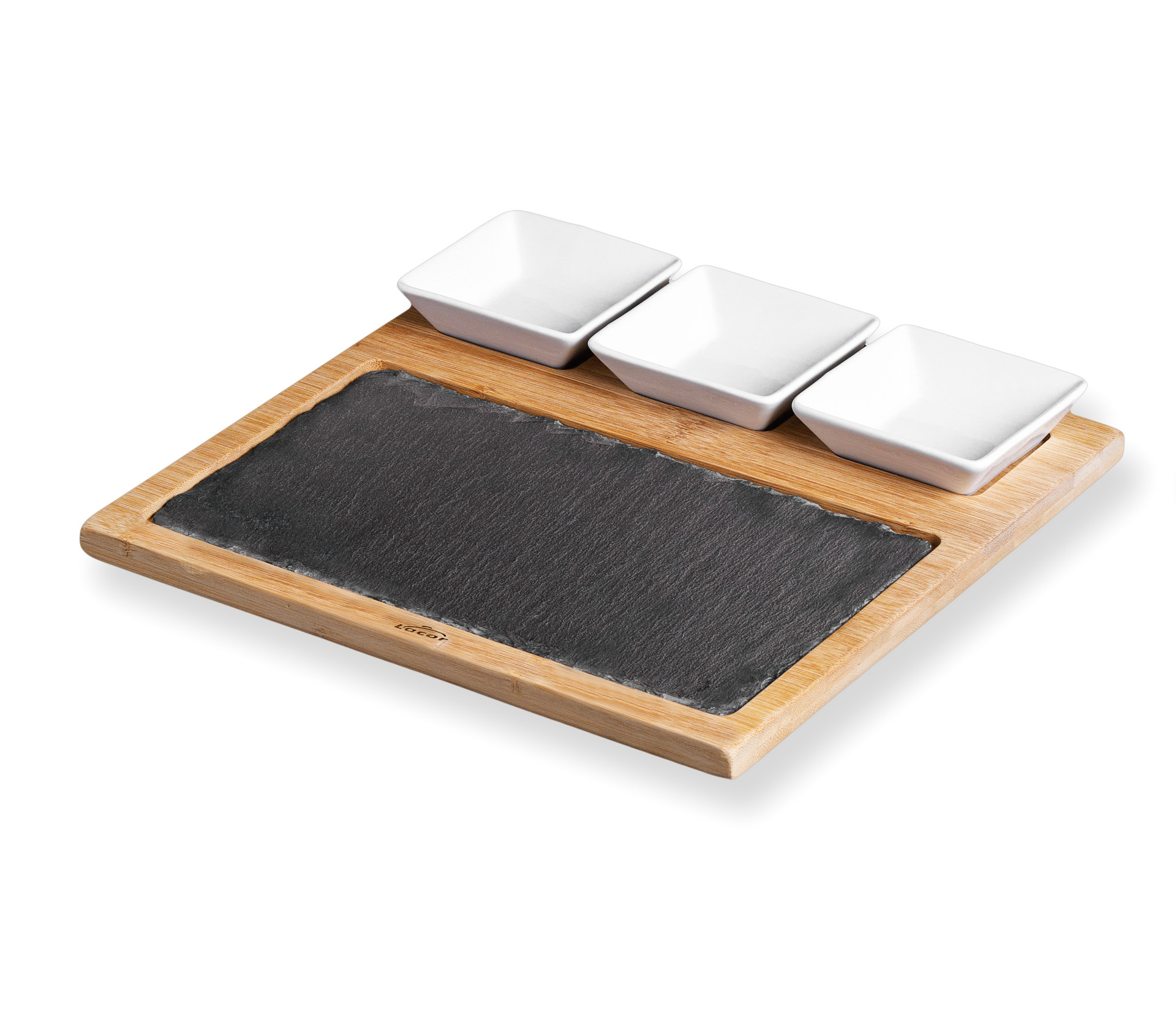 Tábua de Serviço Ardósia e Bambu 28x28 cm com Taças