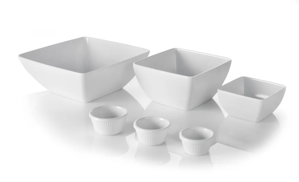 Taça Quadrada de Melamina Branca 190x190x100mm para Serviço de Mesa