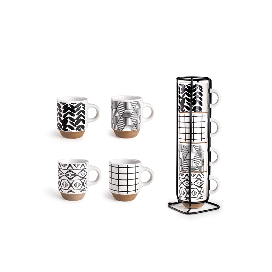 Conjunto 4 Canecas Grés com Suporte Metálico para Serviço