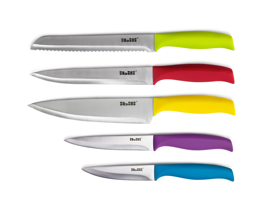 Conjunto de 5 Facas Coloridas com Suporte de Madeira