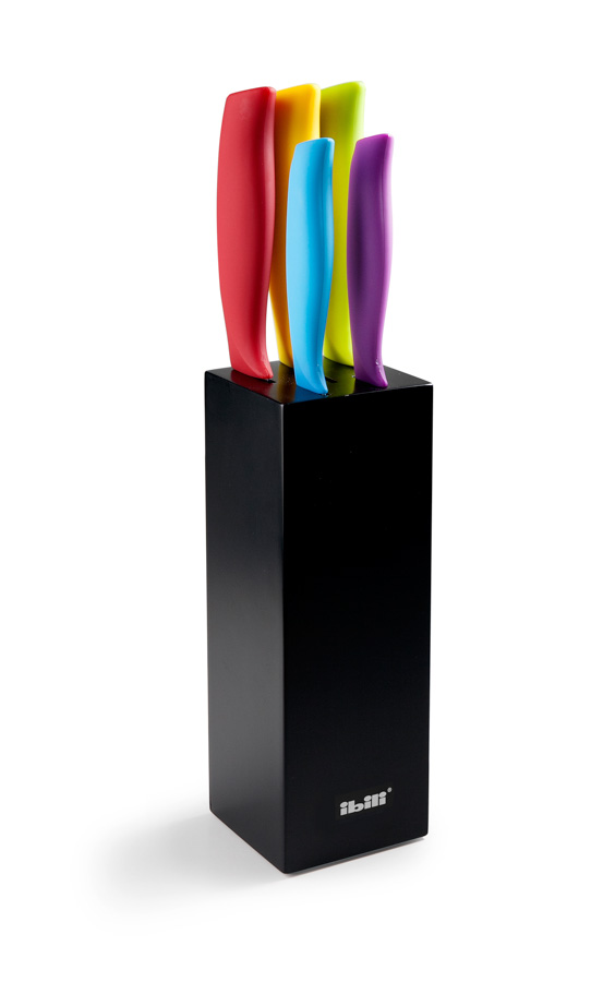 Conjunto de 5 Facas Coloridas com Suporte de Madeira