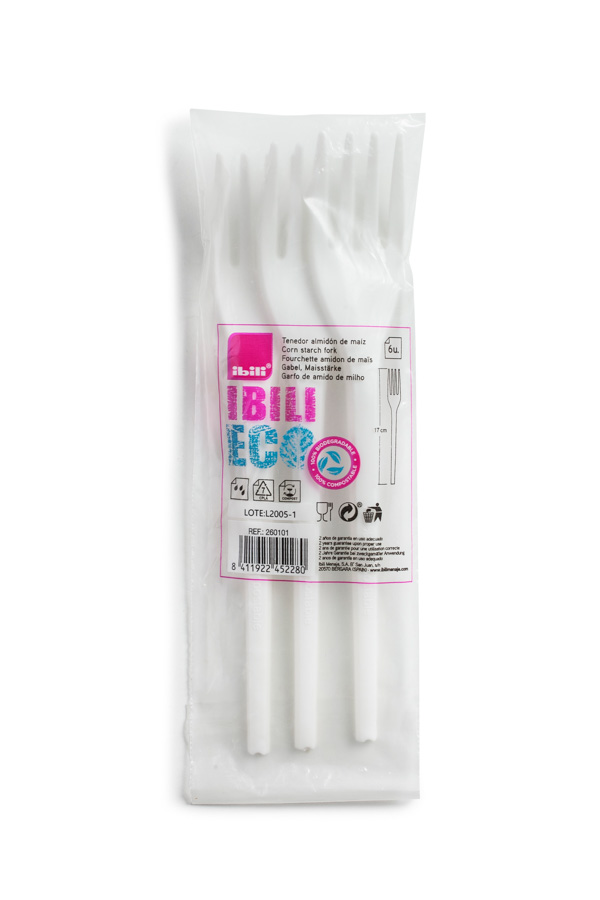 Garfo Descartável Amido de Milho Branco - Pack 6 Unidades