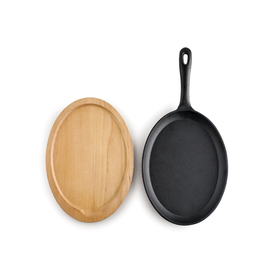 Prato de Ferro Fundido Oval com Base de Madeira 24x13 cm