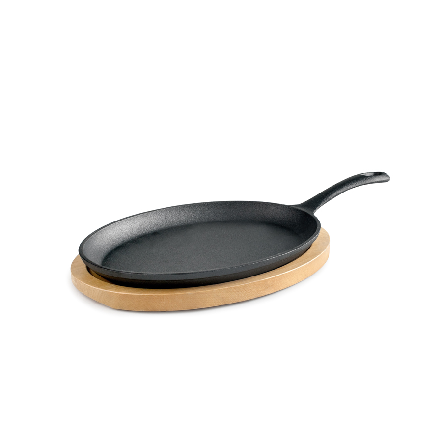 Prato de Ferro Fundido Oval com Base de Madeira 24x13 cm