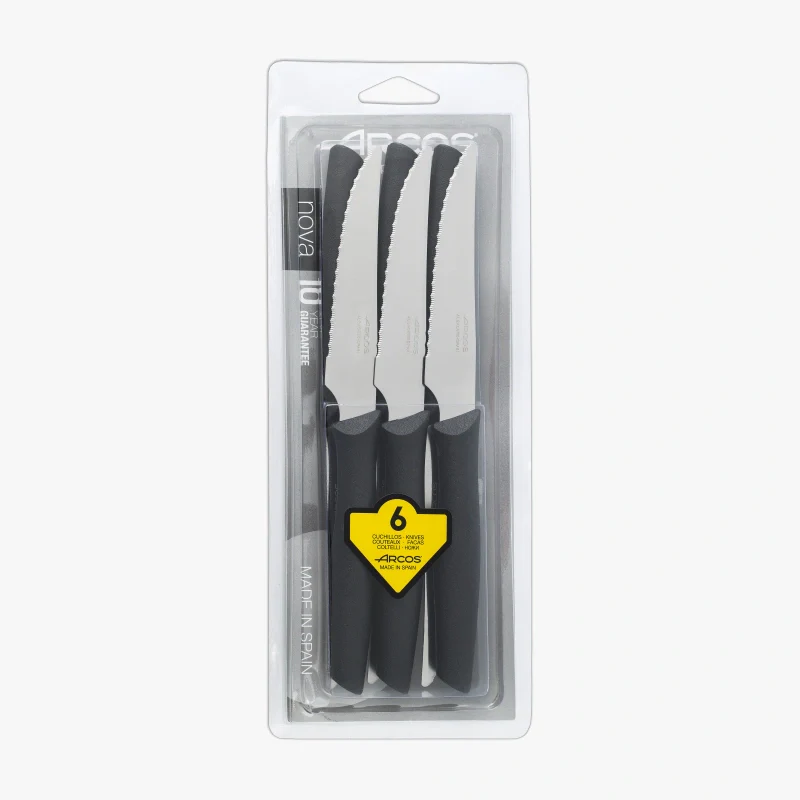 Set 6 Facas de Carne 110 mm Lâmina Inox Cabo Polipropileno Preto