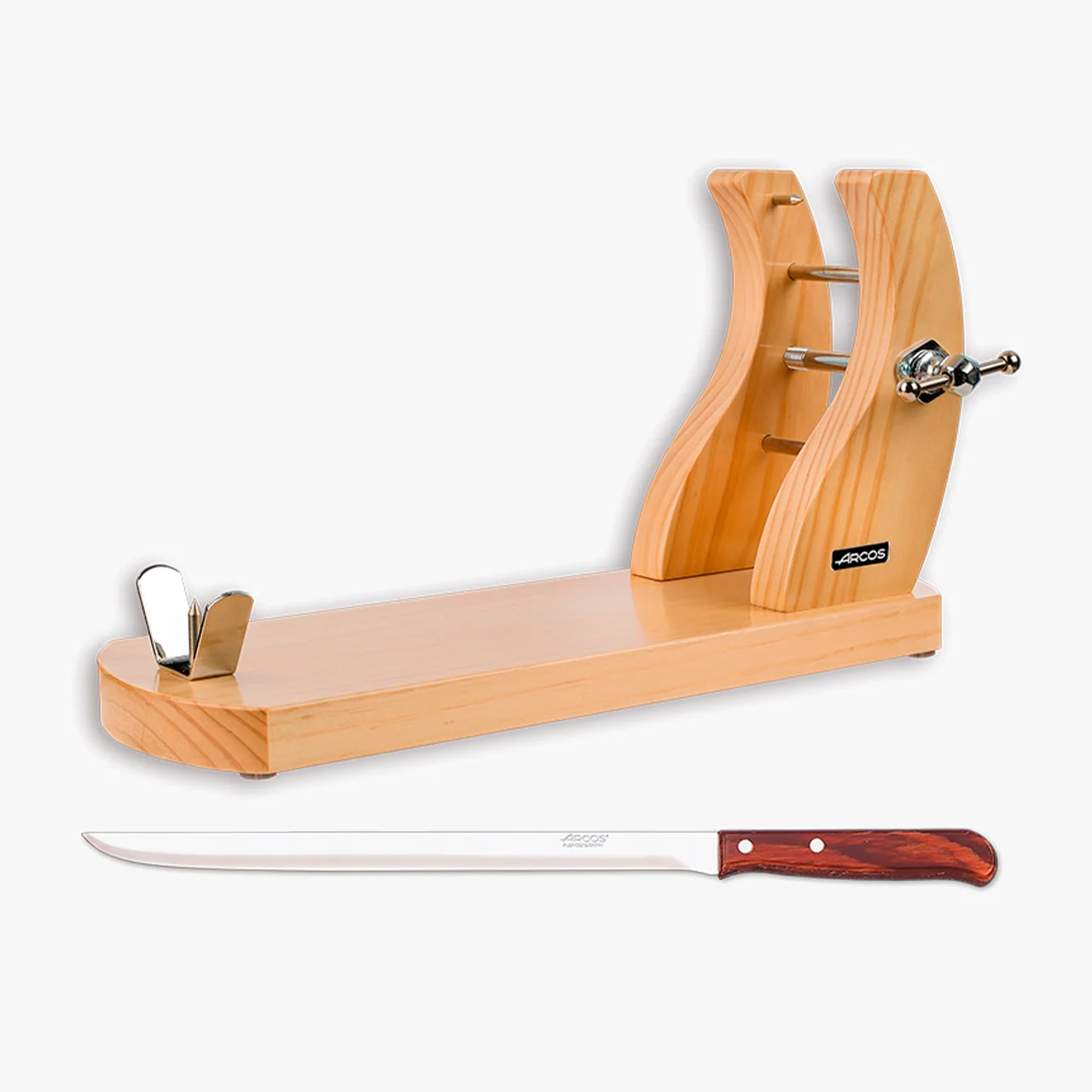 Suporte Jamoneiro com Faca 250mm – Bambu Lacado e Aço Inoxidável