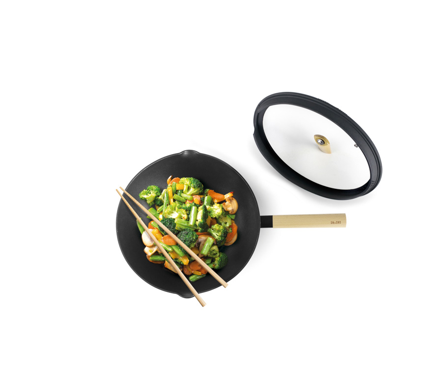 Wok Antiaderente 30 cm com Tampa de Vidro para Cozinha Profissional