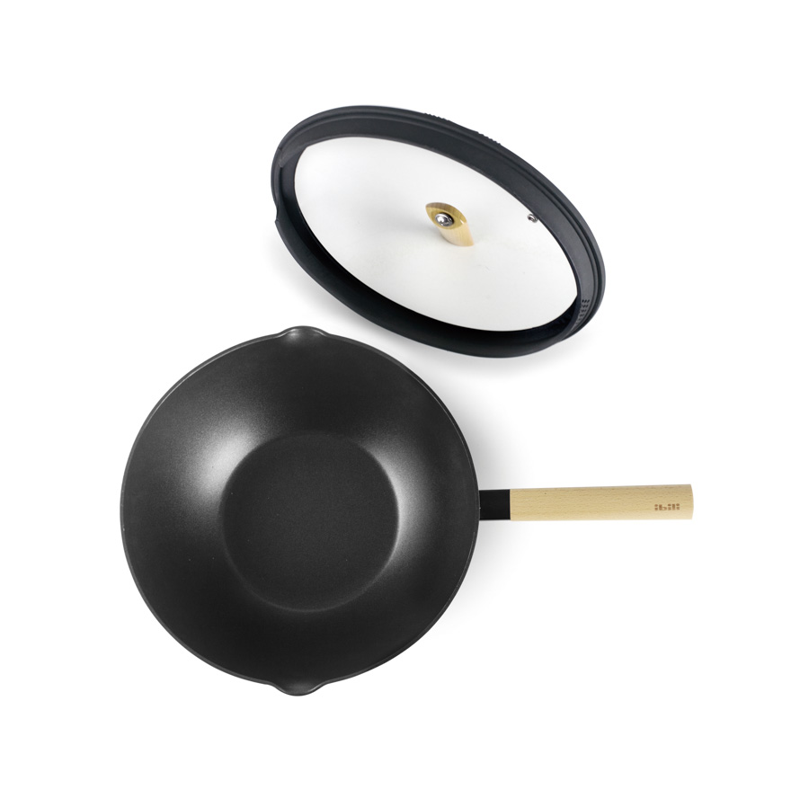 Wok Antiaderente 30 cm com Tampa de Vidro para Cozinha Profissional