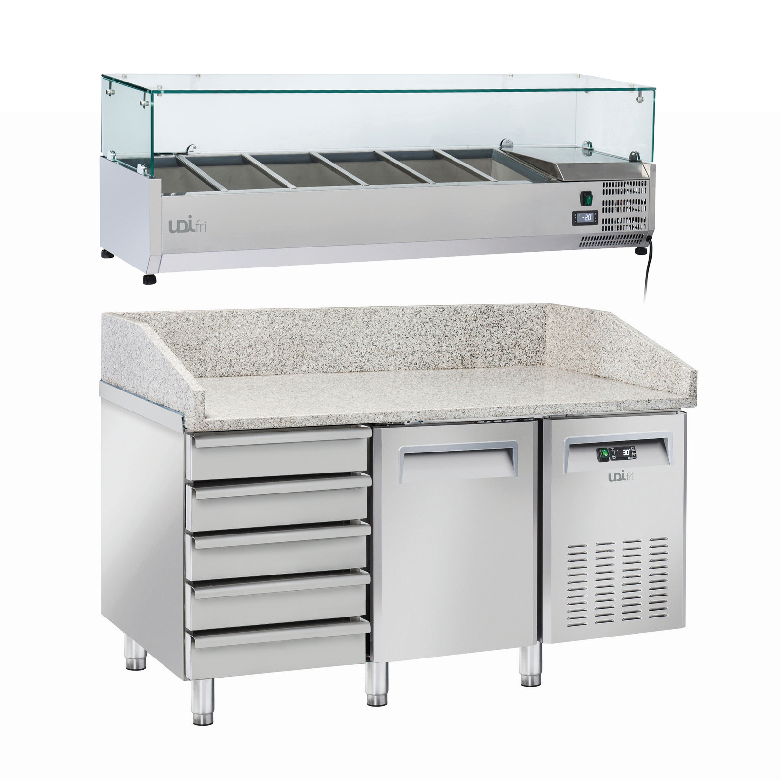 Mesa de Pizza Refrigerada 220+58L 1 Porta 5 Gavetas (+2ºC a +8ºC)