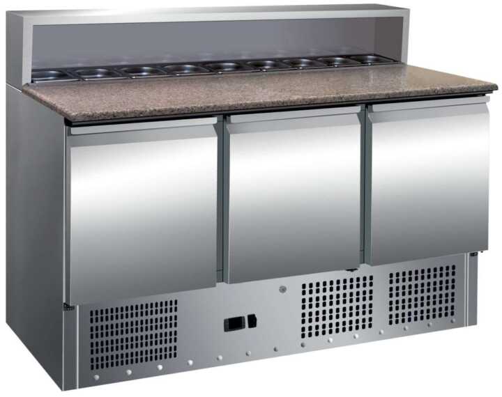 Mesa de preparação de saladas de 3 portas com tampo de trabalho em granito GN1/1