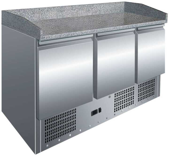 Mesa de preparação de pizzas de 3 portas com tampo de trabalho em granito  GN1/1