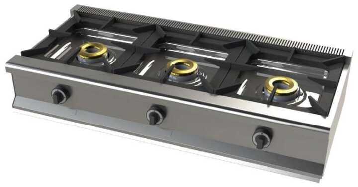Fogão de mesa a gás com 3 queimadores 8+8+8+8 Kw SerIe 550  com dimensões 1200x550x240h mm