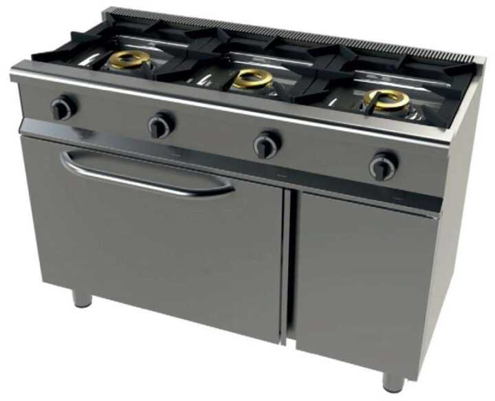 Fogão a gás com forno GN1/1 4,5Kw, 3 queimadores 8+8+8 Kw SerIe 550  com dimensões 1200x550x850h mm