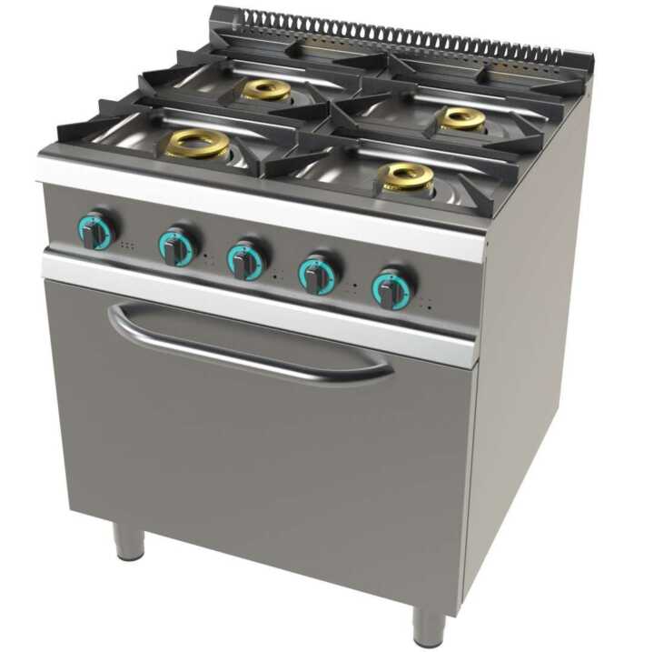 Fogão a gás com forno GN2/1 com 4 queimadores 8+4,5+6+6 Kw SerIe 700  com dimensões 800x730x900h mm